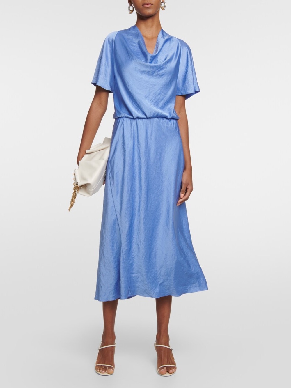 Vince Blue Satin Cowl-Neck Washable Midi Dress
